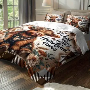 3-piece set - Cute Highland Cow Print Bedspread Set (1 bedspread + 2 pillowcases, not including the core), soft and comfortable Bedding Sets, suitable for bedroom, dormitory, guest room and home decoration.