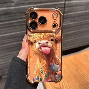 Cute Highland Cow Flower Print Phone Case , Electroplated Cover with Airbag Shockproof Soft TPU Cover for iPhone X 11 12 13 14 15 16 17 Pro Max Plus Air , Funny Tongue Out Cow Design
