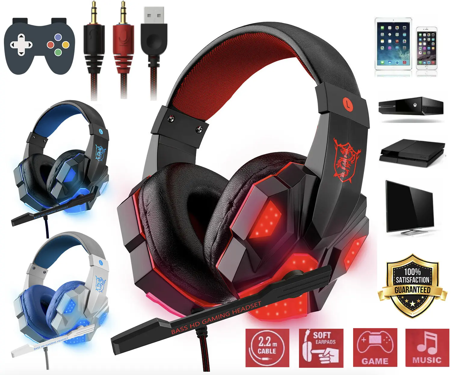 Gaming Headset with Mic and LED Lights, 3.5mm Wired Headphones Compatible with PC, PS4, Xbox 1