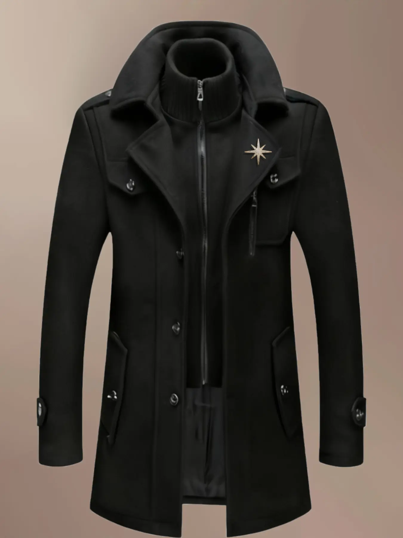 Men's Fashion Double Collar Mixed Fiber Long Coat, Zipper and Pocket Design, Warm and Durable, Suitable for Business or Casual Autumn/Winter, Solid Coat, Casual Pocket Outerwear, Outerwear with Pockets