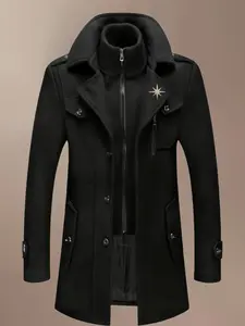 Men's Fashion Double Collar Mixed Fiber Long Coat, Zipper and Pocket Design, Warm and Durable, Suitable for Business or Casual Autumn/Winter, Solid Coat