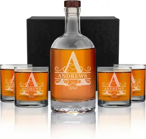 Personalized Whiskey Decanter Set for Men - Custom 5PC Monogram Whiskey Decanter and Glass Set - Scotch, Liquor Cups for Dad - Customized Bourbon Decanter Set with Glasses by On The Rox Drinks