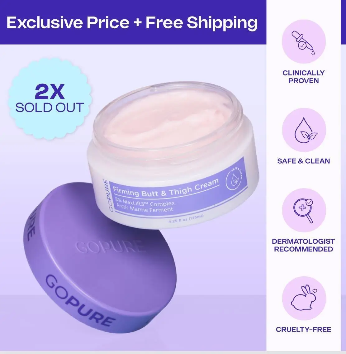 GO PURE Firming Butt & Thigh Cream - Nourishing Hydrating Bodybutter for Stretch...