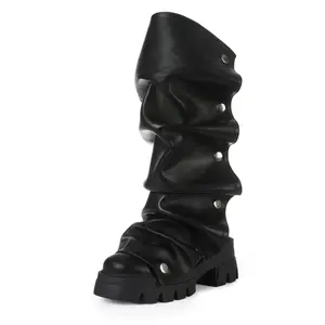 Women's Mid-Calf Boots Platform Heels Ruched Design Knee High Fold Over Chunky Heel Short Booties Round Toe for Girl Walking Shoes