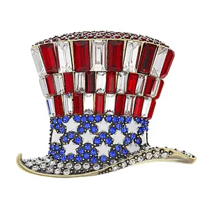 JTV Multi-Color Crystal With White Enamel & Antiqued Gold Tone Patriotic Hat Brooch