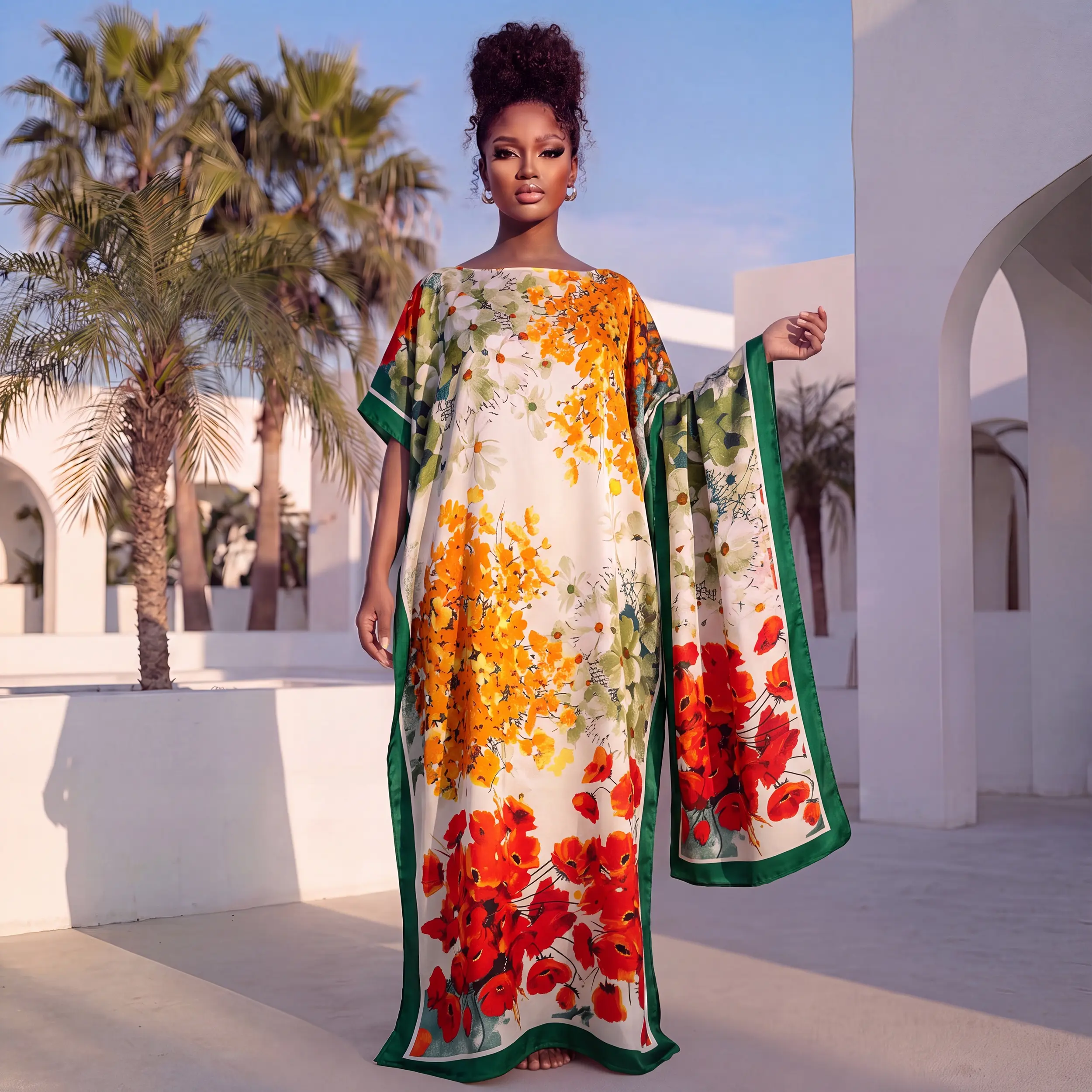 Elegant Silky Satin Printed Maxi Kaftan Dress Set With Shawl Wrap, Casual Holiday Wedding Guest Long Dress For Ladies apparel fashion