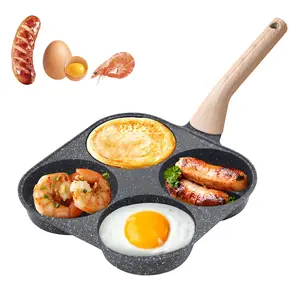 Non-stick Egg Frying Pan with 4 Hole Design, 4 Hole Skillet with Handle, Small Egg Fry Pan 3-in-1 Divided Grill Pan, Stone Omelet Non-stick Cookware with Wooden Handle, Breakfast Pancake Pan, Kitchen Gadgets for Gas and Induction Cooktops, Gas Stove