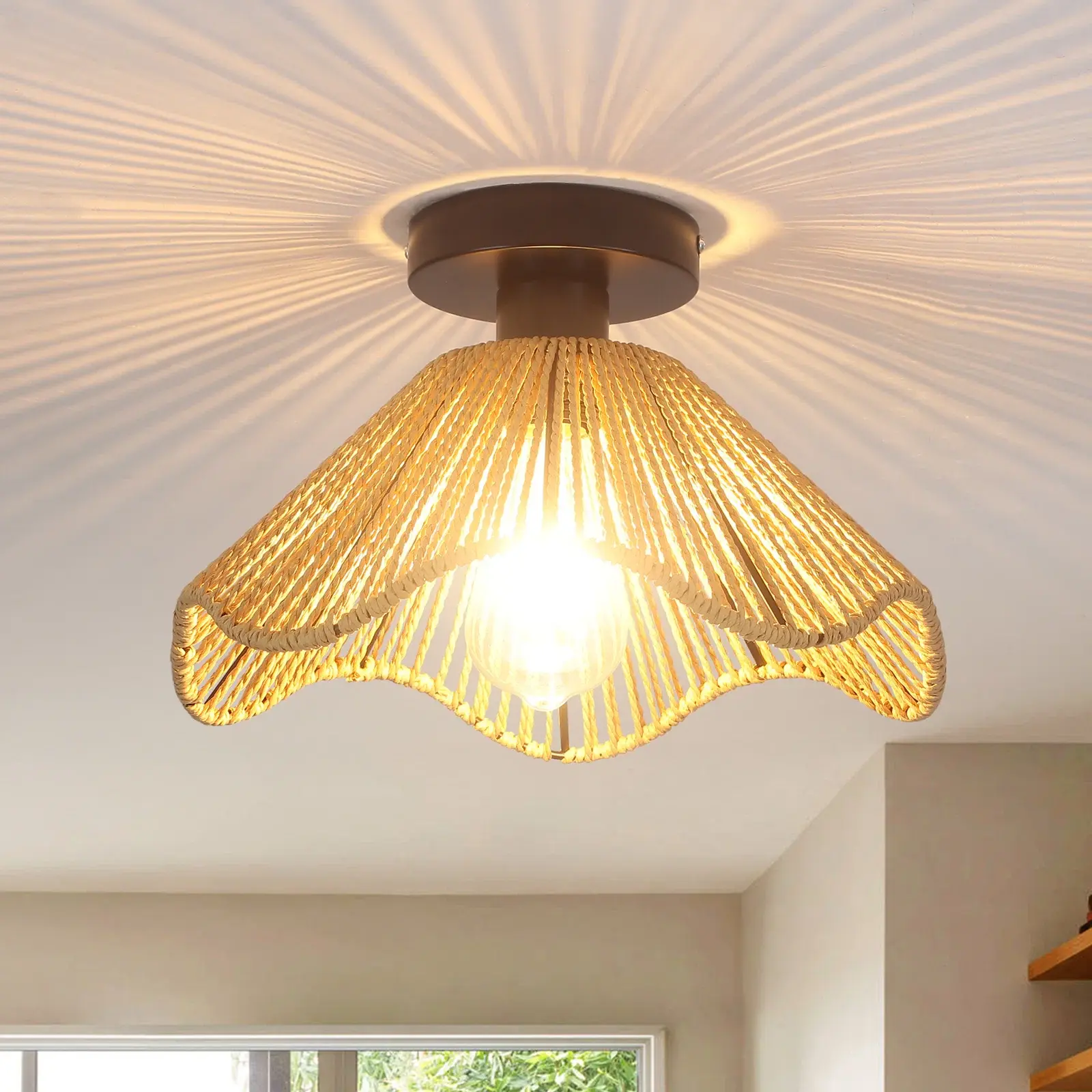 Boho Rattan Ceiling Light Fixture, Mini Rattan Chandelier Lighting Fixture, Hand Woven Ceiling Light Fixtures for Hallway Bedroom Kitchen Entryway Living Room (Light Brown)