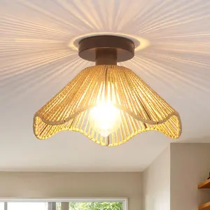 Boho Rattan Ceiling Light Fixture, Mini Rattan Chandelier Lighting Fixture, Hand Woven Ceiling Light Fixtures for Hallway Bedroom Kitchen Entryway Living Room (Light Brown)