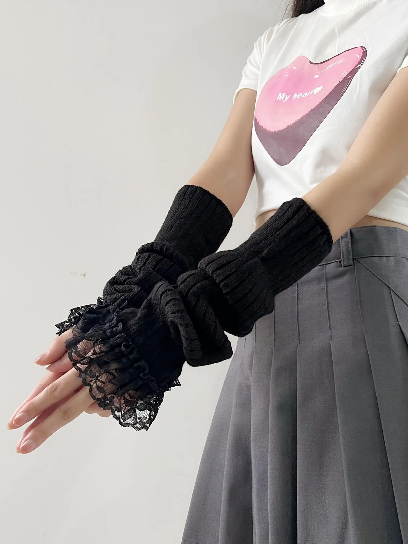 Women's Cute Lace Arm Sleeves, 1 Pair Y2k Style Simple Plain Knitting Fingerless Gloves, Casual Trendy Gloves for Daily Use