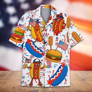 Hot Dog Burger American Flag Hawaiian Shirt For Men Women Youth, Funny Foodie Patriotic Button-Down, 4th of July Shirt Short Sleeve