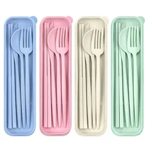 Travel Utensils with Case - Reusable Fork, Spoon & Knife Set in Pink, Blue, Green, Lightweight Plastic for Lunch Box Accessories