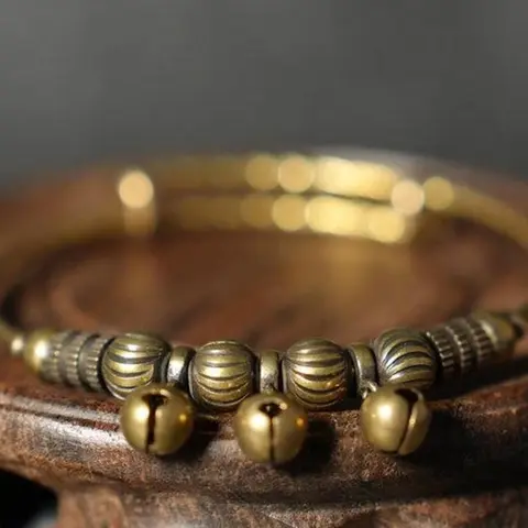 Jingling Bell Bangle with Textured Beads, Musical Retro Jewelry, Perfect Gift for Music Lovers, Stylish Accessory for Any Occasion, Copper Bangles, Copper Bracelets