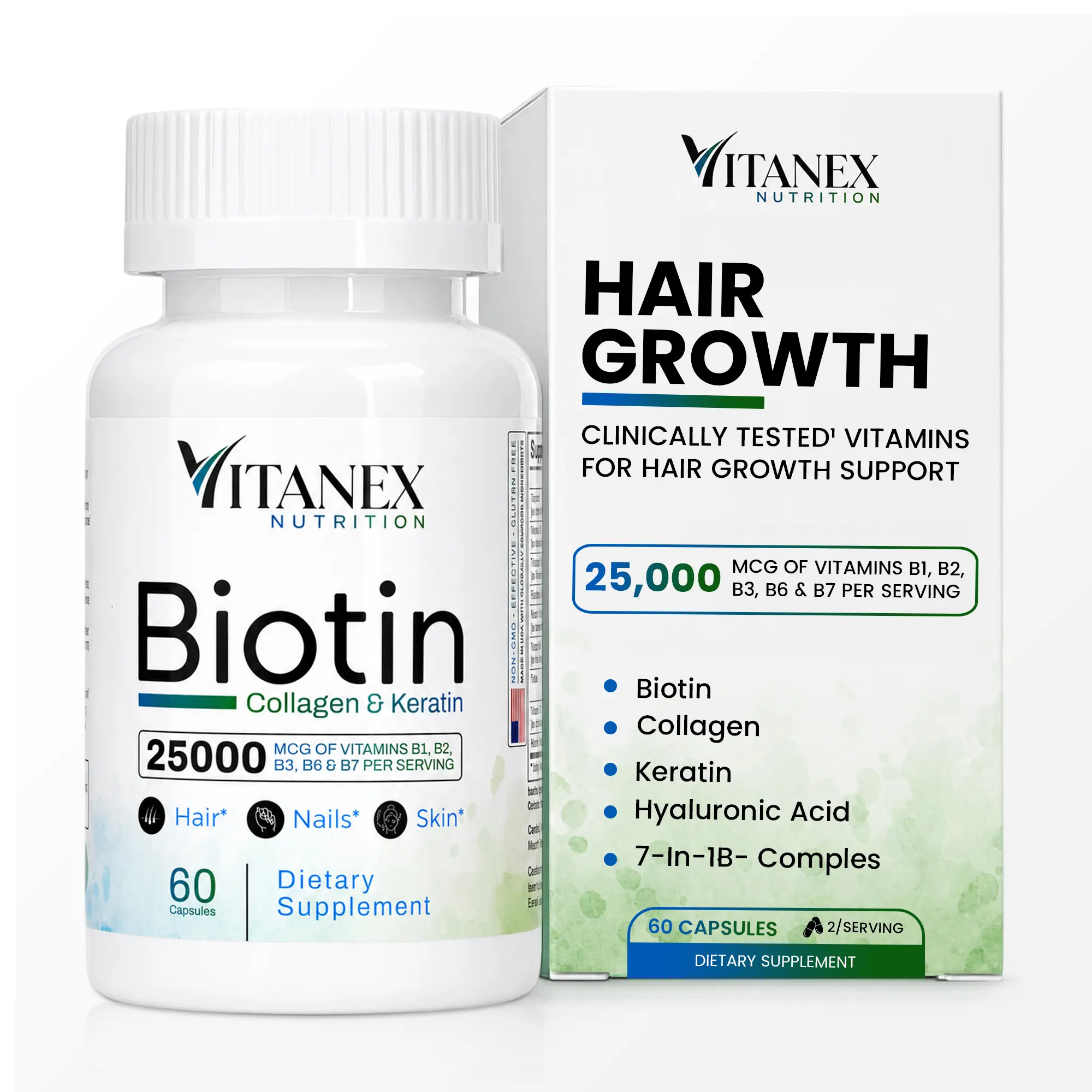 VITANEX Nutrition Biotin, Collagen, Keratin & Hyaluronic Acid Hair Growth Support Supplement with Vitamins B1 | B2 | B3 | B6 | B7 for Women & Men - Made in USA