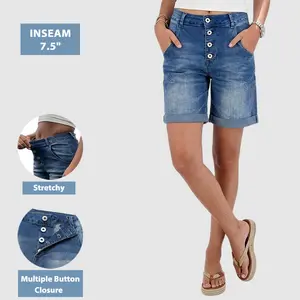 Flamingals Button Fly Roll Hem Denim Bermuda Shorts Basic Comfort Womenswear Summer Vibes