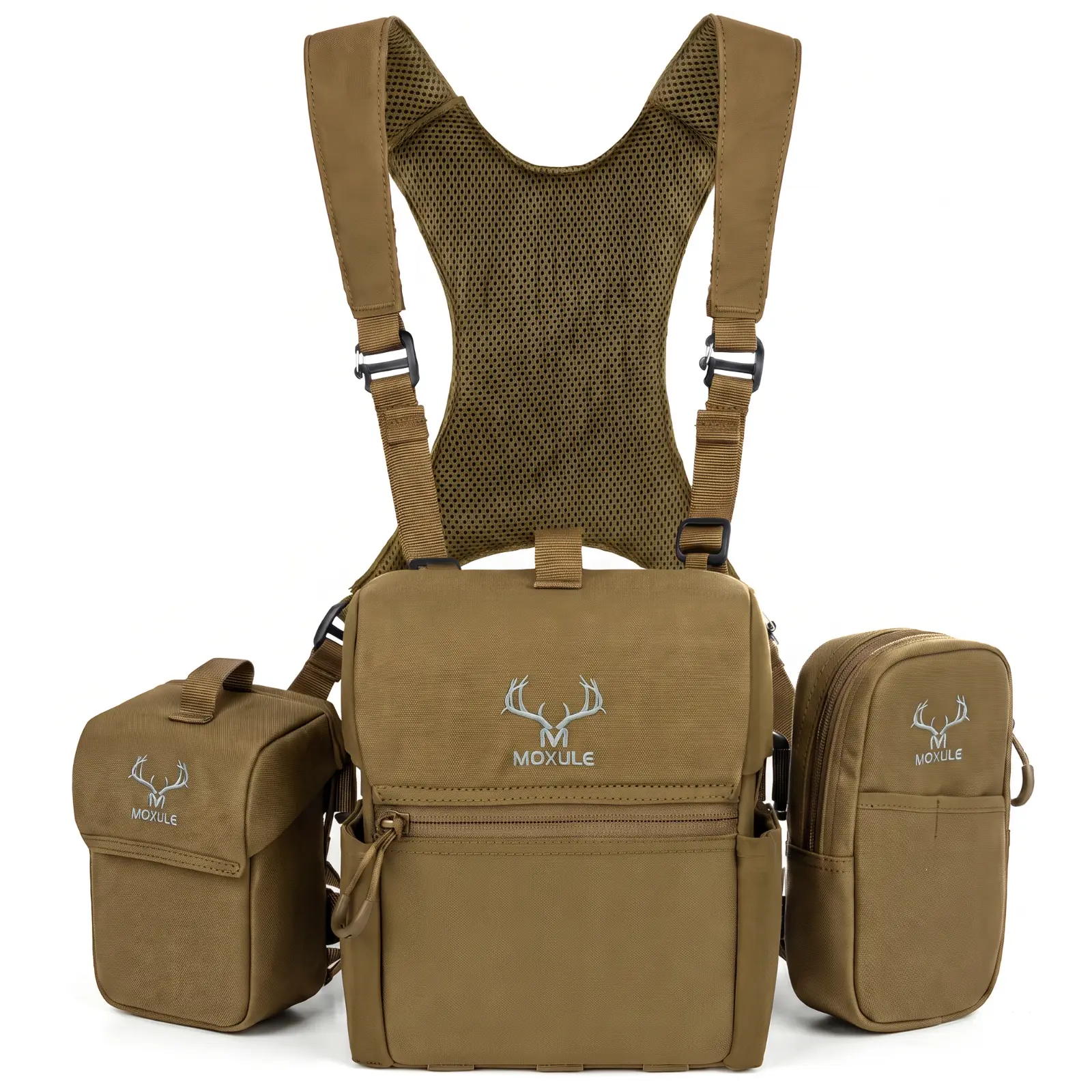 MOXULE Binocular Harness Chest Pack - Waterproof Bino Case with Rangefinder Pocket, Silent One-Hand Quick Access for Hunting Bird Watching Hiking Wolf Brown