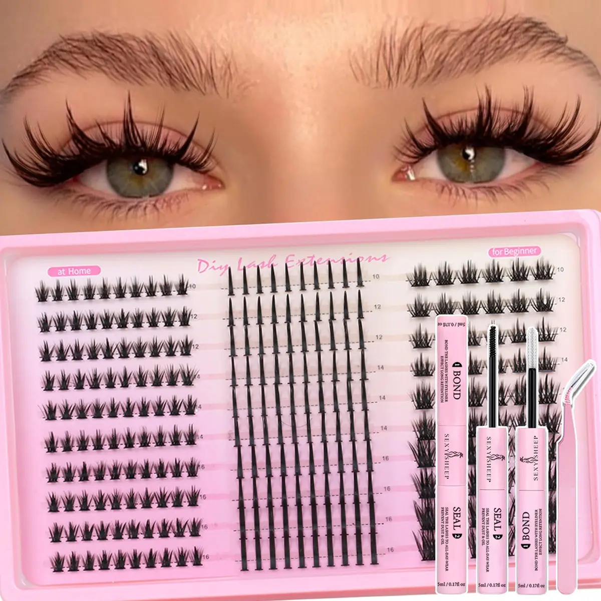 DIY Mixed Style Eyelash Set, Fine Lashes, Spikes Lash Clusters, Volume Cluster Lashes, Dense Lengthening Volumizing D Curl Lashes, Individual Eyelash Clusters, Soft Extension Band, Includes Bond&Seal &Remove&Eyelash Tweezers, Eyelash Extensions Kit