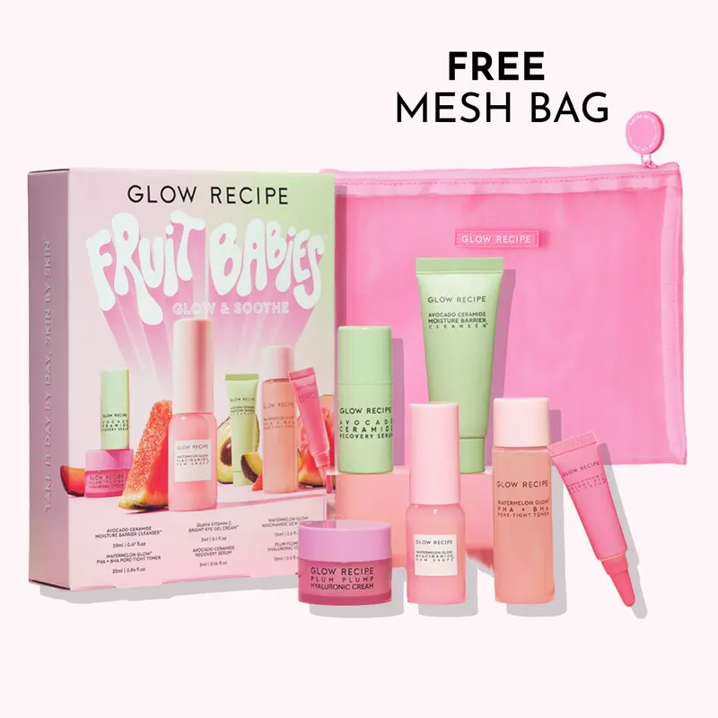 Glow Recipe Fruit Babies Bestsellers Kit, Avocado Ceramide Moisture Barrier Cleanser, Watermelon Glow PHA + BHA Pore-Tight Toner, Guava Vitamin C Bright-Eye Gel Cream, Radiance-Boosting Skincare Bundle
