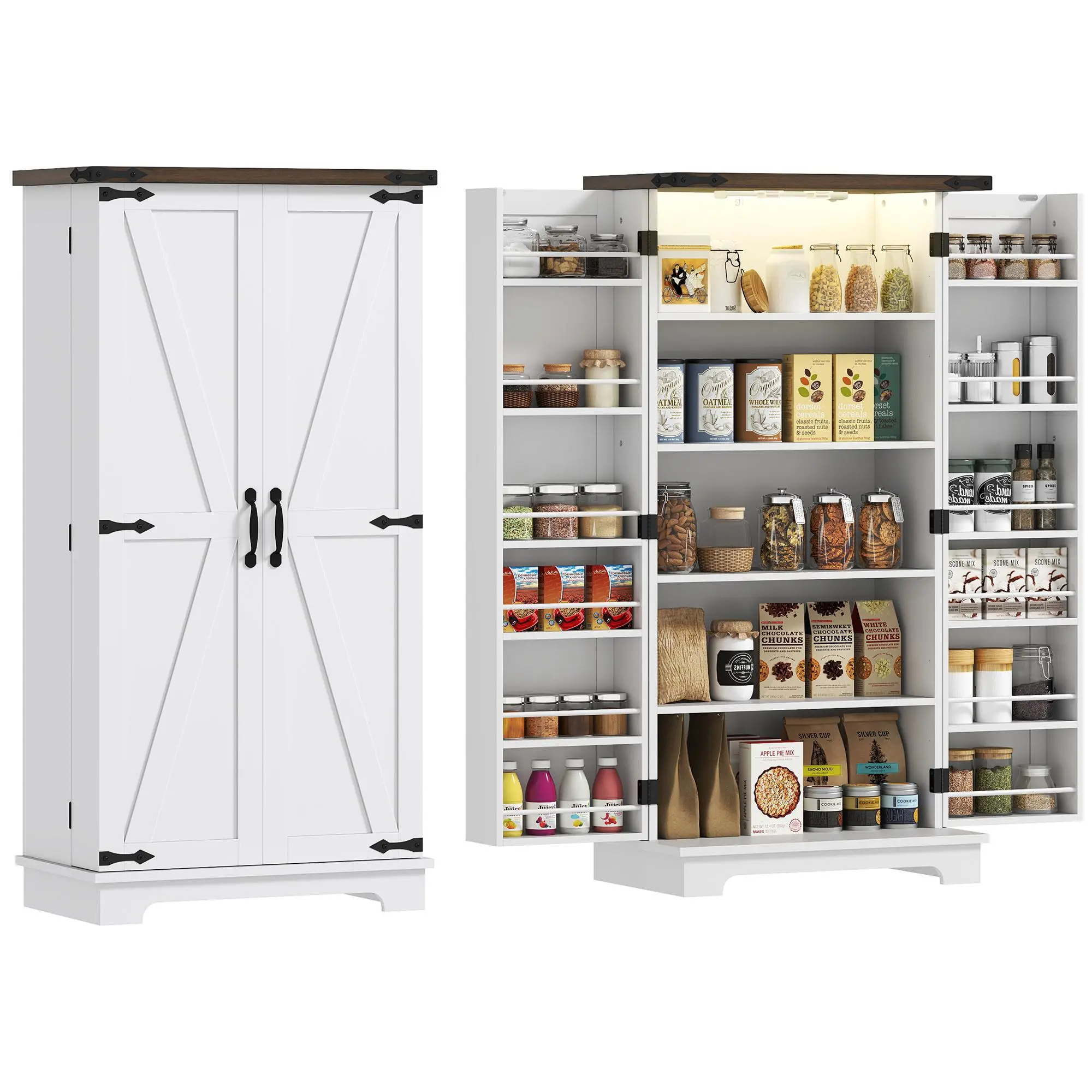 HOMCOM 47" LED Freestanding Cupboard - User-Friendly Wood-Accent Handle Floor Cabinet, Kitchen Farmhouse Sideboard with 5 Deep Shelves, 12 Door Shelves and Barn Door, White, User-Friendly Floor Cabinets, Wood-Accent Floor Cabinets