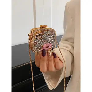 Personalized square bag, simple and trendy women's exquisite niche bag, women's shoulder bag crossbody bag, metal chain design, a small bag that can hold headphones and lipstick, suitable for commuting, shopping, and dating, Elegant Rhinestone Bag