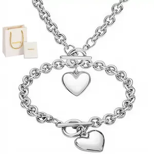 Women's Stainless Steel Heart-Shaped Delicate Pendant Necklace, Necklace and Bracelet Set, Clasp Closure, 8-inch Bracelet, 18-inch Necklace, Fade-Resistant and Durable, Comes with a Gift Box