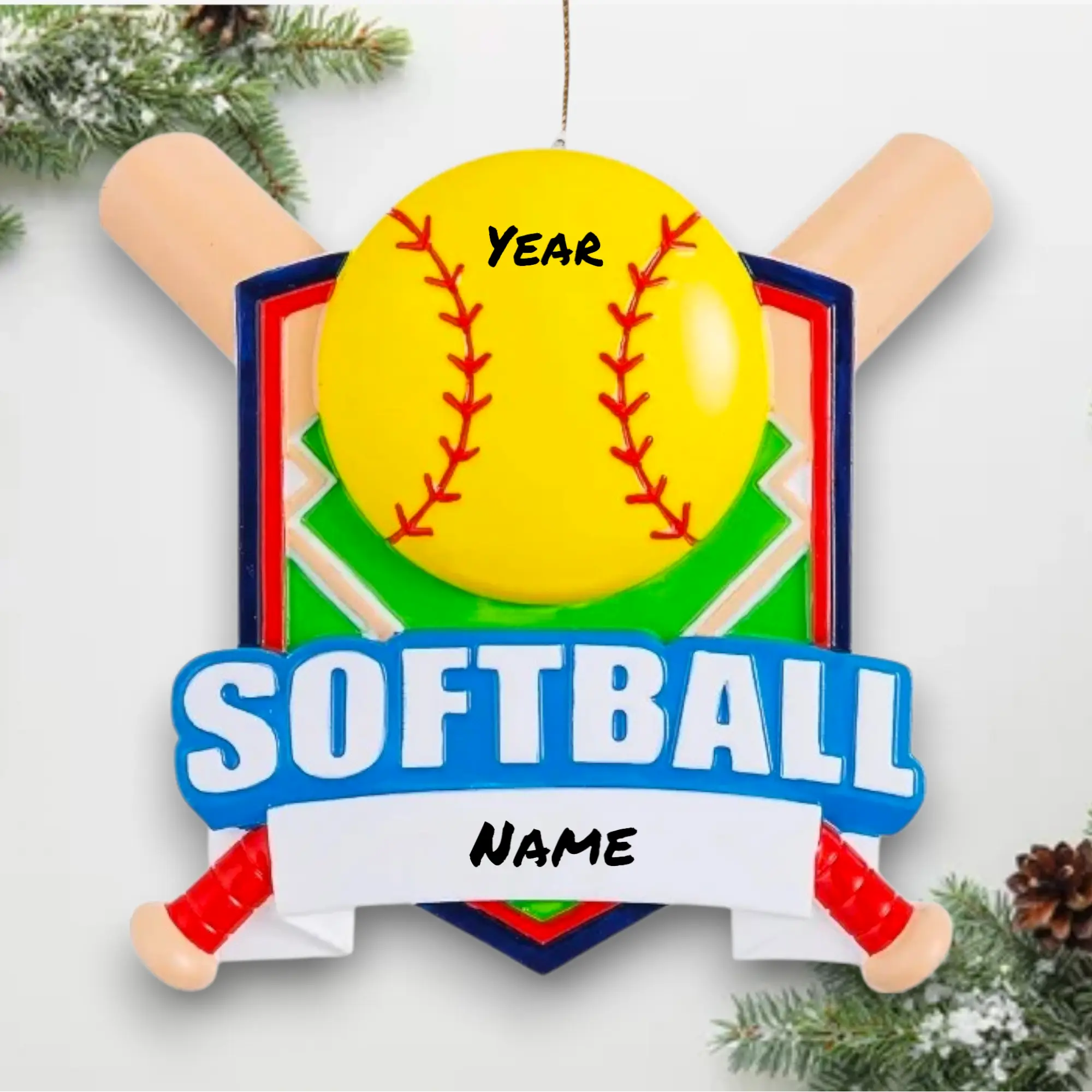 Personalized Softball Ornament 2025 – Custom Name & Year – Yellow Ball Shield Design – Athlete Gift Noel Box