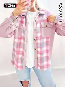 Women's Casual Brushed Plaid Corduroy Flap Pockets Patchwork Shirt Jacket, Long Sleeve Shacket, Button Front Outerwear for All Seasons