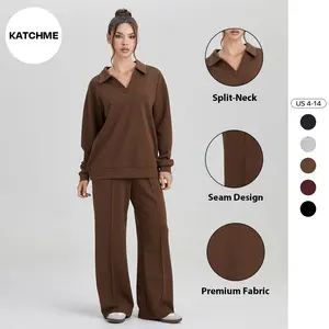 KatchMe Women's Minimalist Solid Color Split-Neck Sweatshirt & Wide Leg Trousers Co-ord, Basic Long Sleeve Top & Seam Sweatpants Set, Casual Womenswear