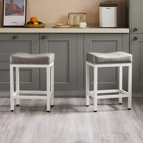 【Deal】SweetFurniture Set of 2 Sturdy Furniture Barstools - 24in Counter Height Backless Saddle Dining Bar Chairs, Modern PU Leather Indoor Seating, Steady Metal Frame, Easy-Install Foot Pedals for Leg Relief, Versatile & Multi-Purpose, Assembly Required