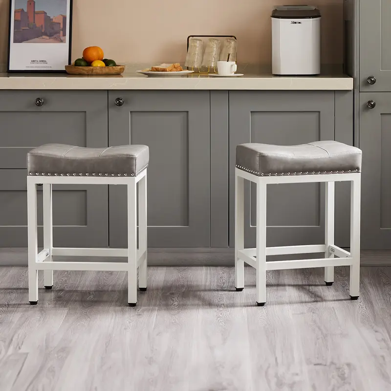 【Deal】SweetFurniture Set of 2 Sturdy Furniture Barstools - 24in Counter Height Backless Saddle Dining Bar Chairs, Modern PU Leather Indoor Seating, Steady Metal Frame, Easy-Install Foot Pedals for Leg Relief, Versatile & Multi-Purpose, Assembly Required