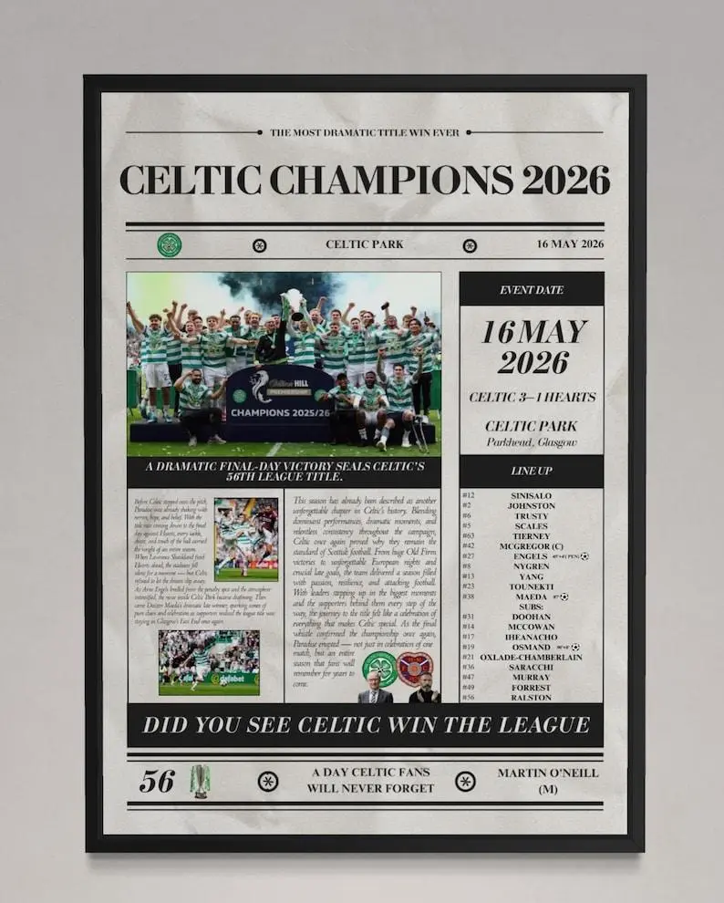 Celtic Champions 2026 - Newspaper Style Poster Vintage Poster, Movie Poster, Trendy Wall Art, Motivational Poster, Digital Print, What If Poster Print