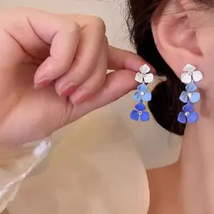 Gradient Blue Flower Earrings, Boho Style Long Dangle Earrings, Fashionable and Versatile Ear Accessories for Women