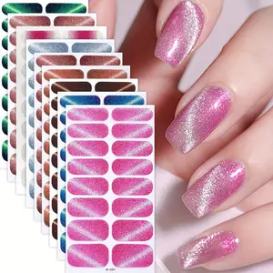 9 Sheets Nail Polish Strips Sparkling Glitter Pink Cat Eye Self-Adhesive Full Cover Nail Wraps with Nail File Long Lasting Nail Stickers for Women and Girls Daily Dating Use Manicure Decoration DIY Nail Art Wrap Nail Design