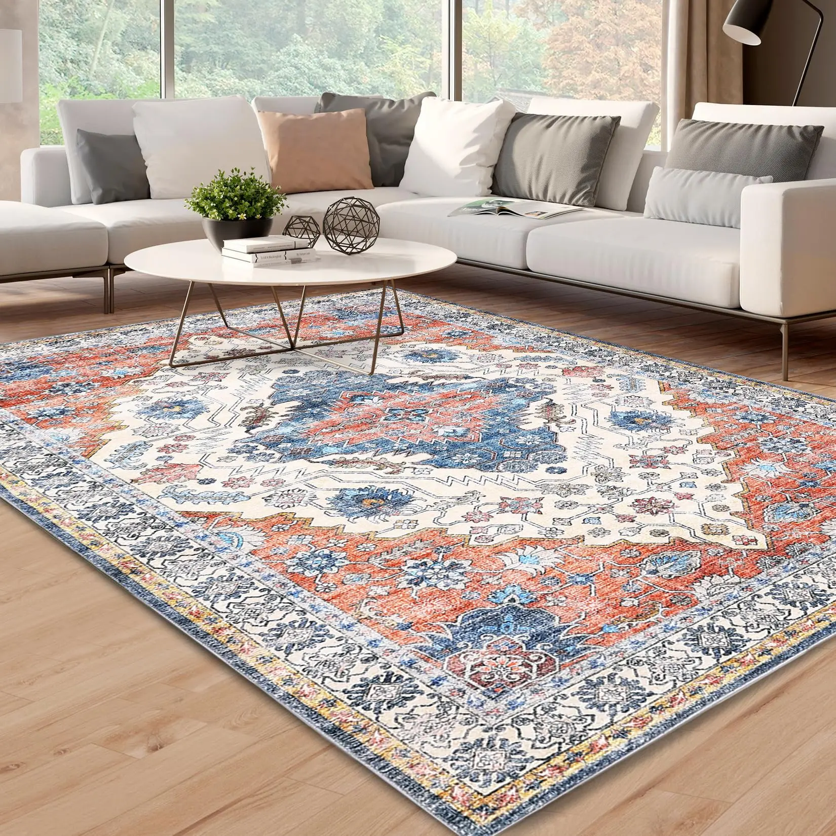 【GARVEE】Machine Washable Area Rug 6x9 - Non-Slip, Stain Resistant, Kids & Pets Friendly Vintage Boho Low Pile Indoor Rug for Entryway, Living Room, Bedroom, Kitchen in Orange Brown