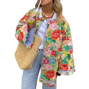 Women Winter Quilted Floral Jacket Long Sleeve Padded Coat Loose Warm Outwear for Cold Weather Casual Wear Everyday Use