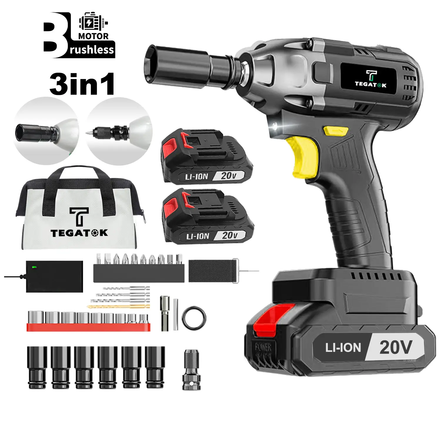 Tegatok 20V Cordless 1/2-Inch Impact Wrench, 320 Nm Torque, Brushless Motor, With Battery,Charger and Sockets,3-in-1 Automotive DIY Home Impact Wrench