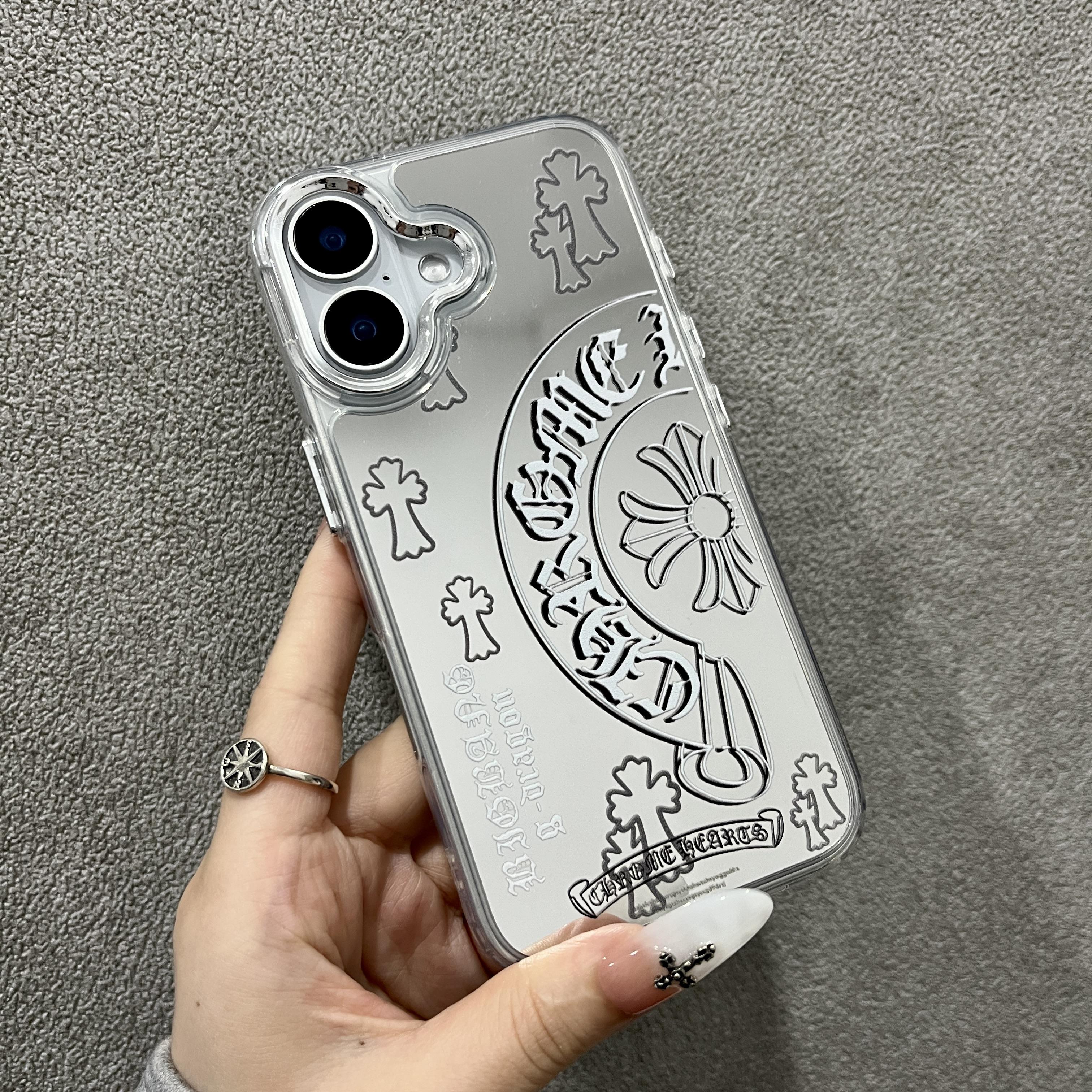 Compatible with iPhone 17/16/15/14/13/12/11/ProMax/Pro/Plus/Ari Minimalist Creative Soft-Edge Hard CaseAcrylic Mirror Finish Silver Premium Makeup MirrorScratch-Resistant Phone Case