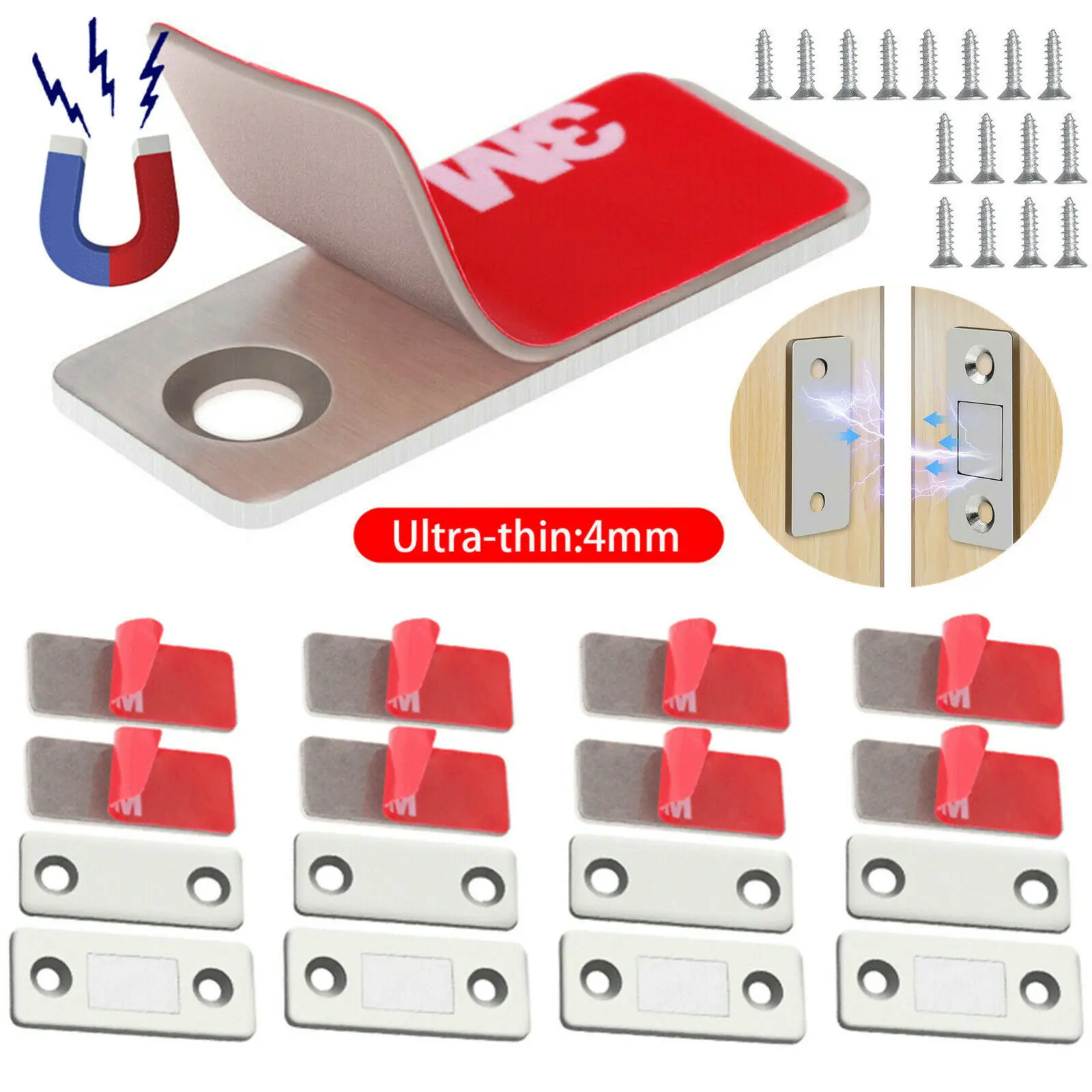 4-Set Ultra-Thin Strong Magnetic Catch Latch Hardware, Cabinet & Drawer Magnetic Locks, Sliding Door Closure for Kitchen Cupboards & Wardrobes, Wardrobe
