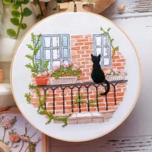 Cat Embroidery Kit DIY Needlework Craft Materials with Scenic Design English Stitch Guide for Beginners Home Art Cute Stitching Project