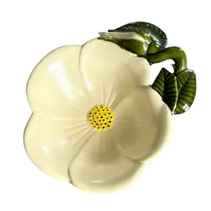 Hand Painted Ceramic Yellow and Green Morning Glory Trinket Dish