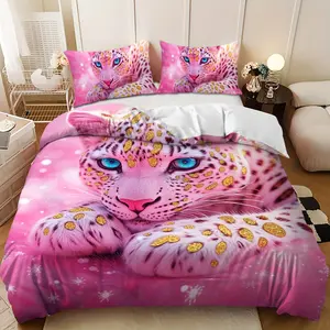 Bedding 3-piece set - 3PCS,Pink and white leopard print cat design down comforter set (1 duvet cover + 2 pillowcases, filling not included).soft and comfortable, suitable for family bedrooms.