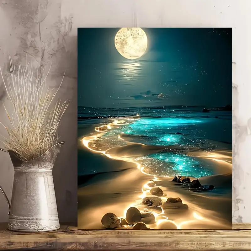 1 Piece Creative Moonlight Seascape Wood Framed Canvas Wall Art, Modern Home Decor for Living Room, Bedroom, Posters & Prints Home Supplies Ornaments, Kid Room, Solid Pattern
