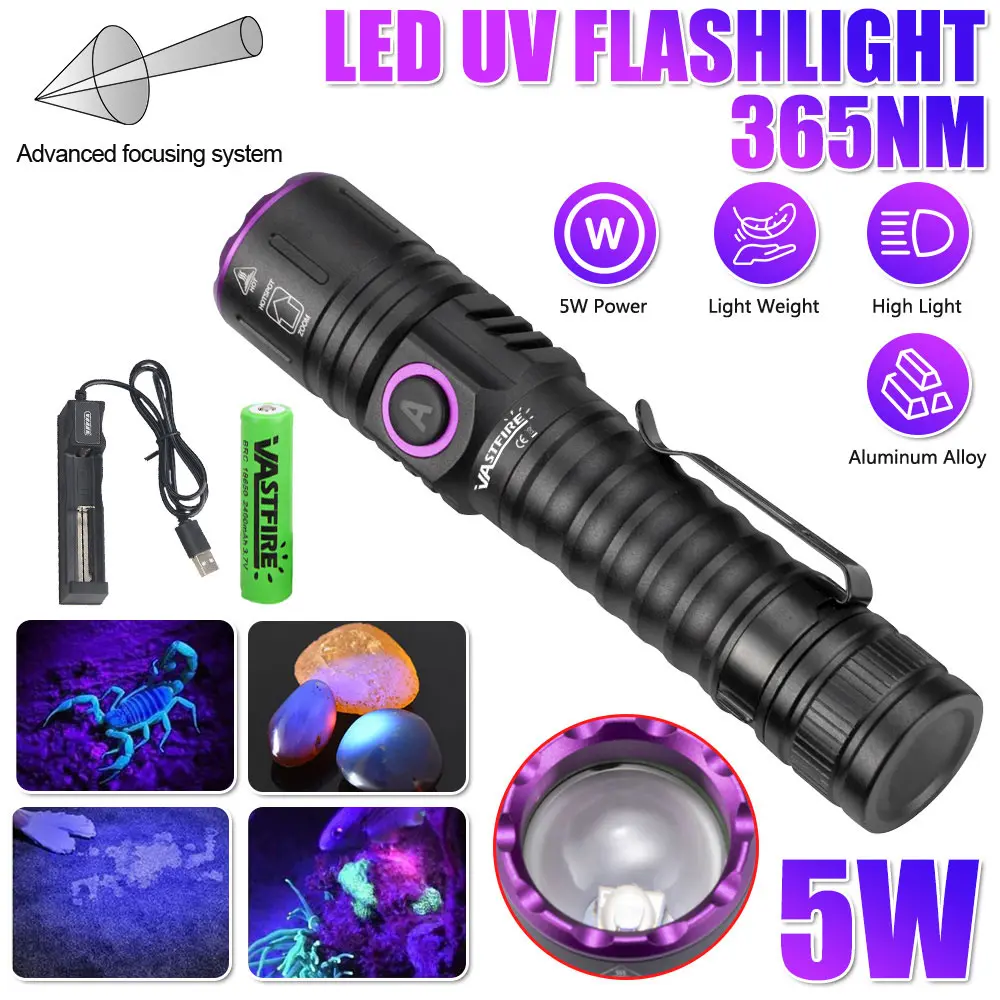 365nm UV Flashlight, Zoomable Flashlight USB Rechargeable, Portable Flashlight, UV Light High Power Flashlight For Pet Urine Detection, Resin Curing, Minerals, Blood Tracking, Scorpion, Rockhounding-With 18650 Battery