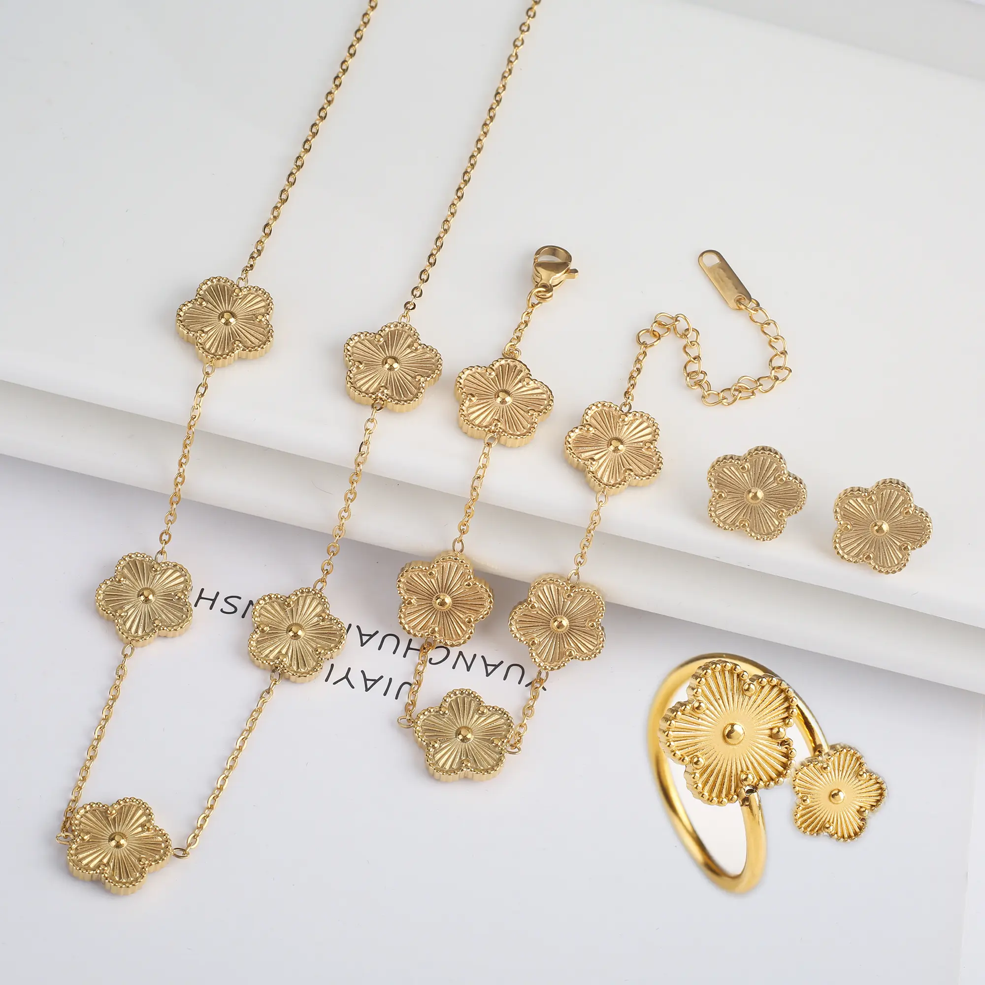 LUX-JELWEL - 4pcs Bracelet Necklace Earrings Ring Stainless Steel Five Leaf Flower Jewelry Set Classic for Woman New Fashion Jewelry Clover
