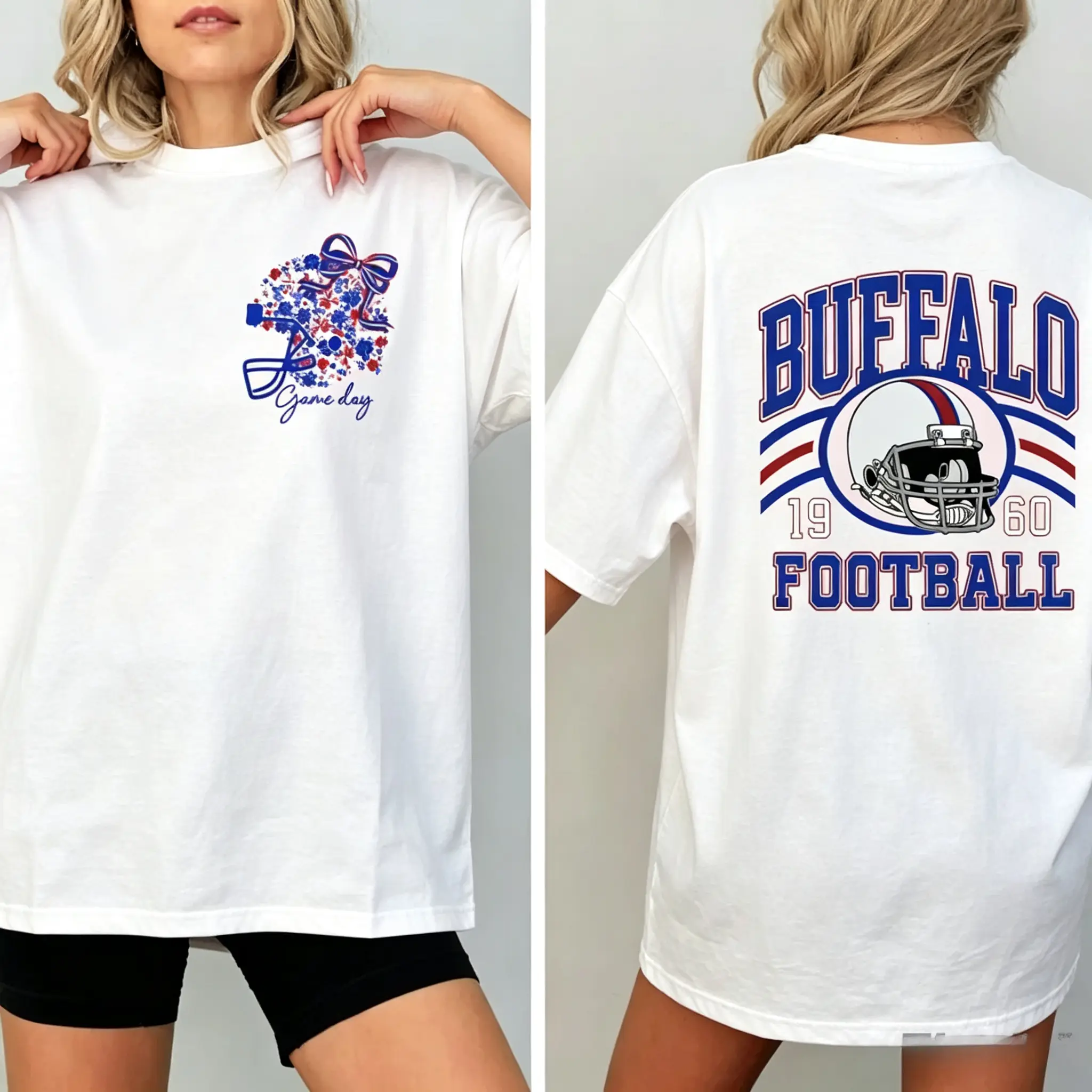 Buffalo Football T-shirt, Game Day Bow Helmet T-shirt, Retro 1960 Buffalo Fan Front Back Graphic T-shirt, Floral Game Day