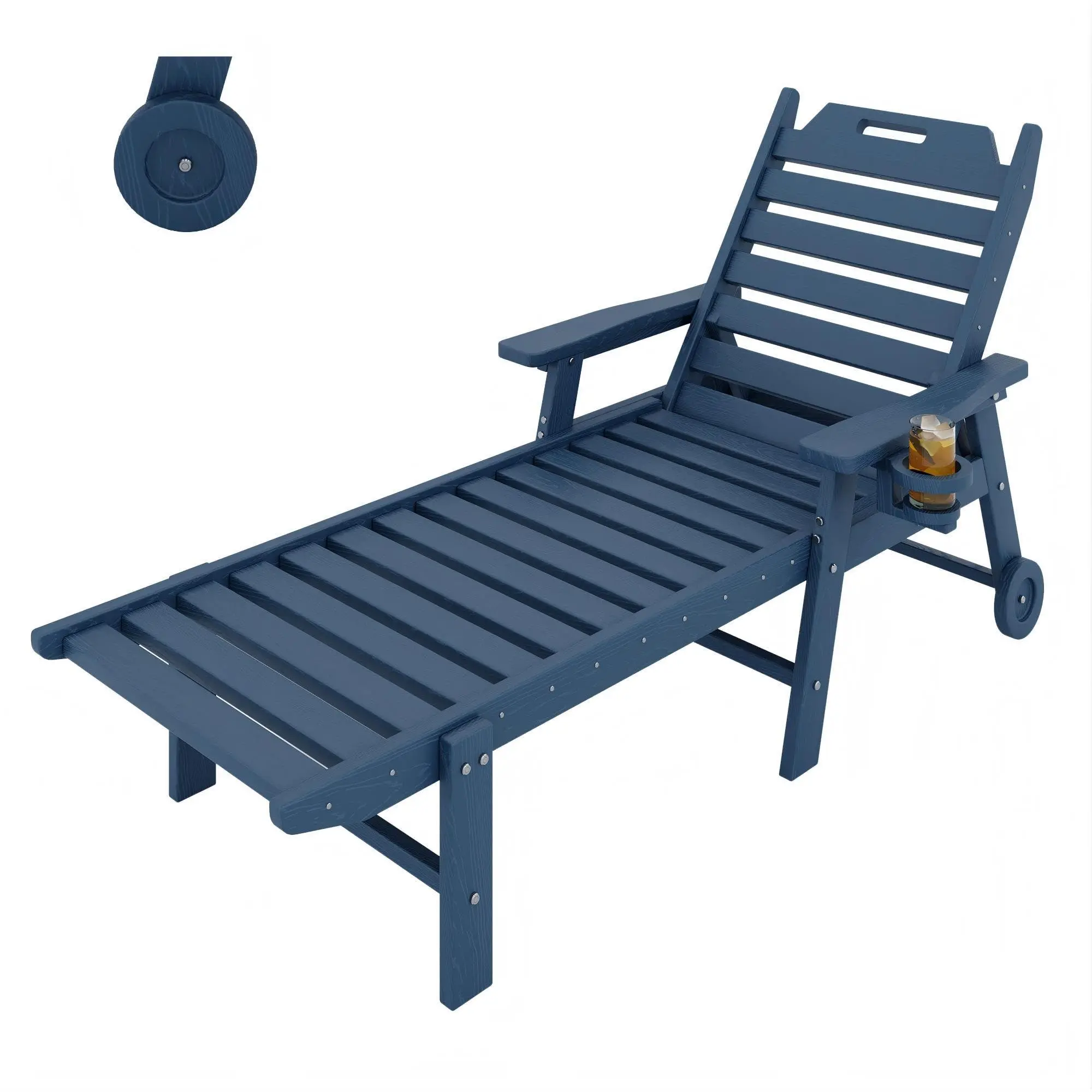 HDPE Lounge Chair Outdoor with Wood Texture & 5-Position Backrest | All-Weather Chaise Lounge Built-in Cup Holder & Rolling Wheels for Patio, Poolside, Deck & Backyard, Navy Blue