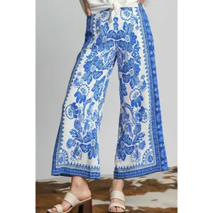 Umgee Full Size Floral Border Print Pants Plus Size