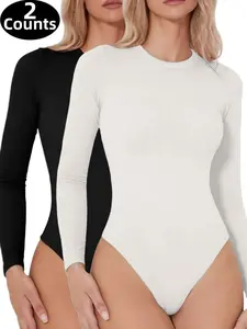 1/2 Counts Women's Solid Round Neck Long Sleeve Thermal Bodysuit, Plain Pattern, Comfy Jumpsuit for Daily Wear, Casual, Lady's Shapewear for All Seasons, Slim Fit Tee, Y2K Warm Clothes