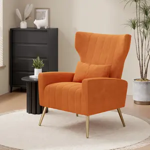 Velvet Fabric Upholstered Reading Comfy Mid Century Modern Armchair, High Back Arm Chair with Golden Legs Lumbar Pillow,Upholstered Single Sofa Bedroom,Accent Chair for Living Room