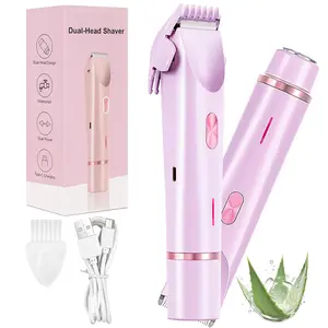 Bikini Trimmer for Women, Electric Shaver and Razor Rechargeable 2-in-1 Bodyand Facial Hair Removal Double Head forPainless Trimming of Pubic Face UnderarmLegs,IPX7 Waterproof, pink